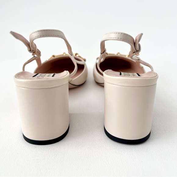 GUCCI || Lady Horsebit White Leather Slingback Closed Toe Block Heel Pumps 7.5 - Picture 7 of 14